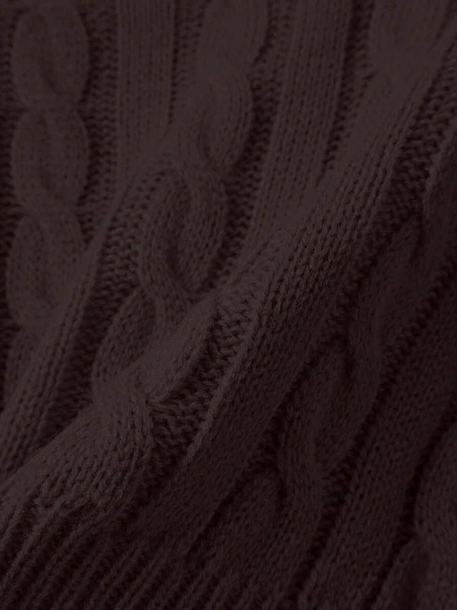 Oriana Cropped Cable Knit Sweater with Crew Neck - Chocolate Brown