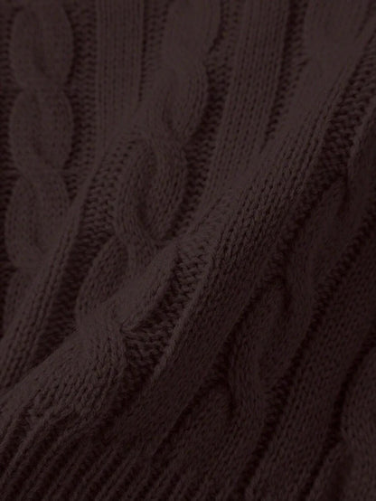 Oriana Cropped Cable Knit Sweater with Crew Neck - Chocolate Brown