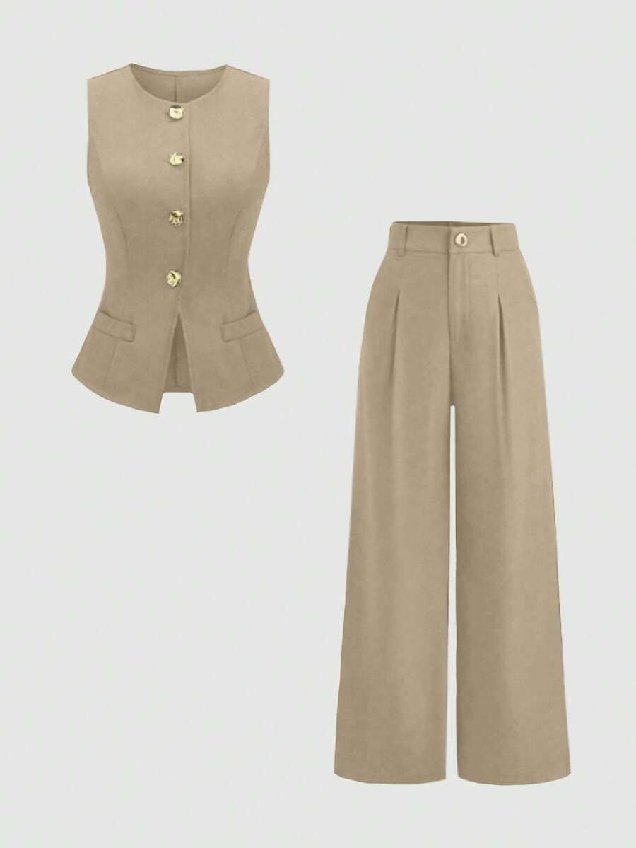 Rhea Two Piece Set Button Vest and Pleated Wide Leg Pants - Sand