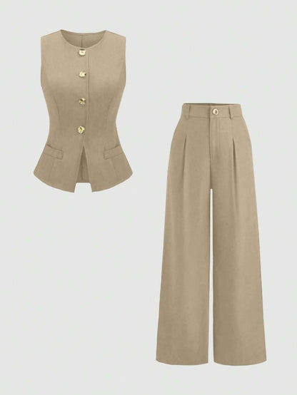 Rhea Two Piece Set Button Vest and Pleated Wide Leg Pants - Sand