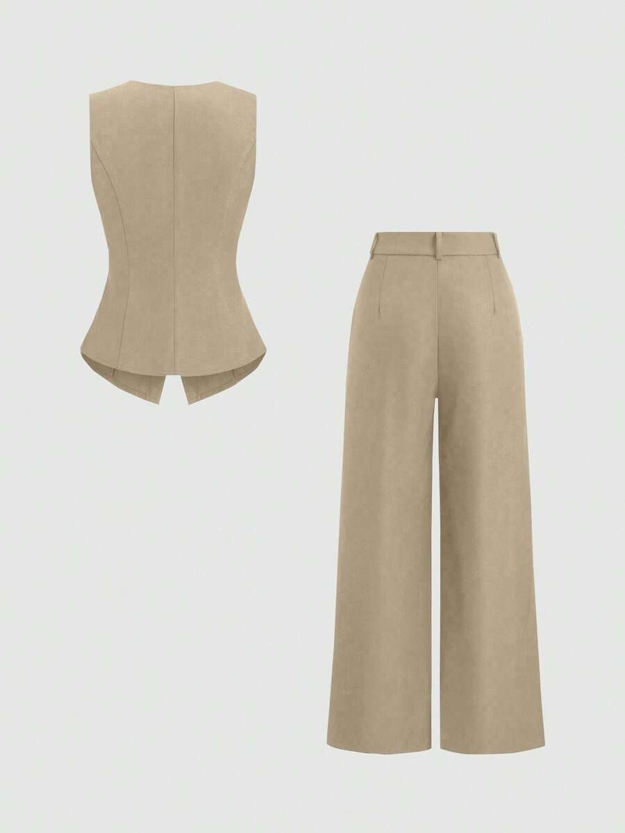 Rhea Two Piece Set Button Vest and Pleated Wide Leg Pants - Sand