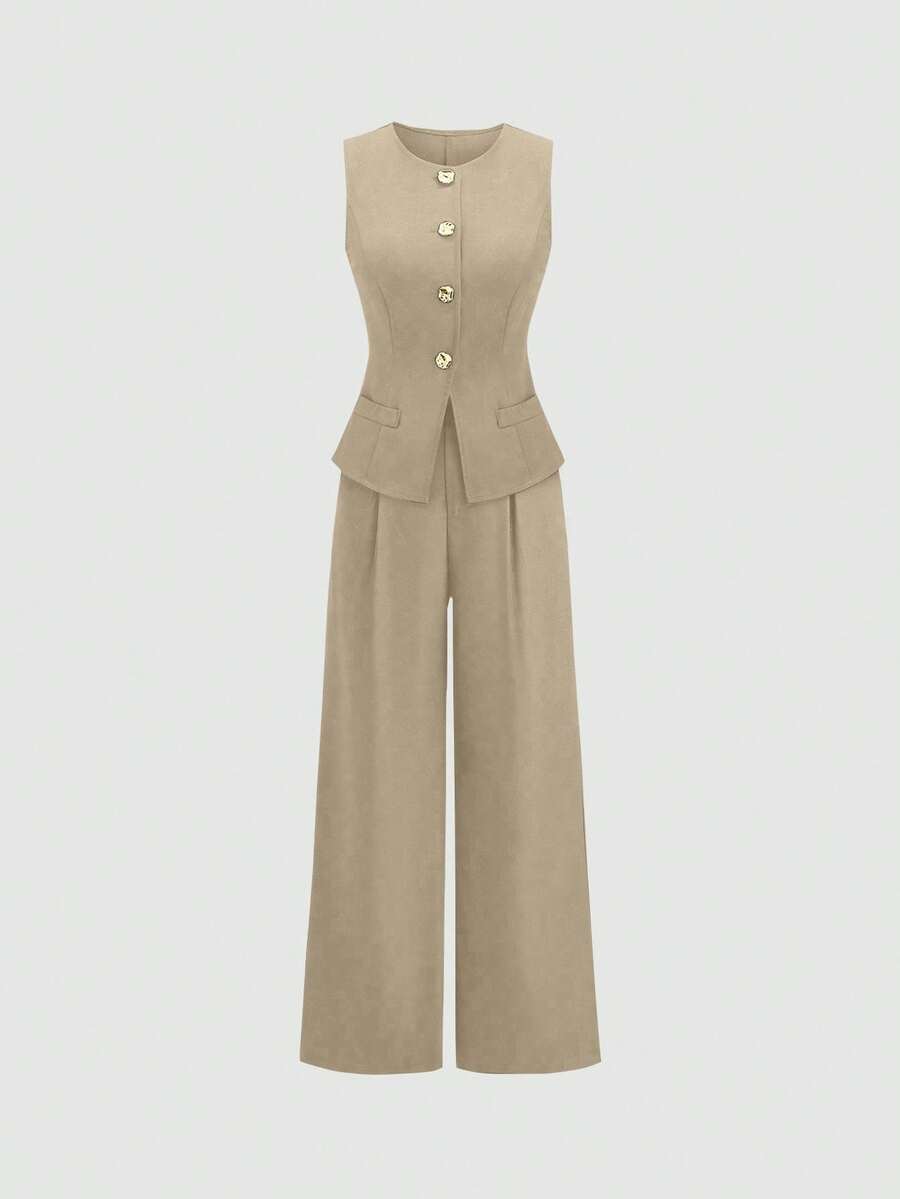 Rhea Two Piece Set Button Vest and Pleated Wide Leg Pants - Sand