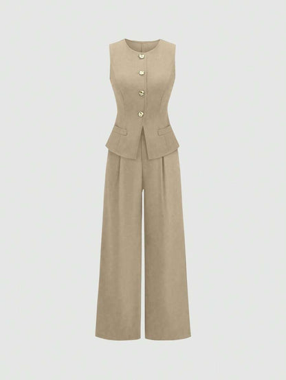 Rhea Two Piece Set Button Vest and Pleated Wide Leg Pants - Sand