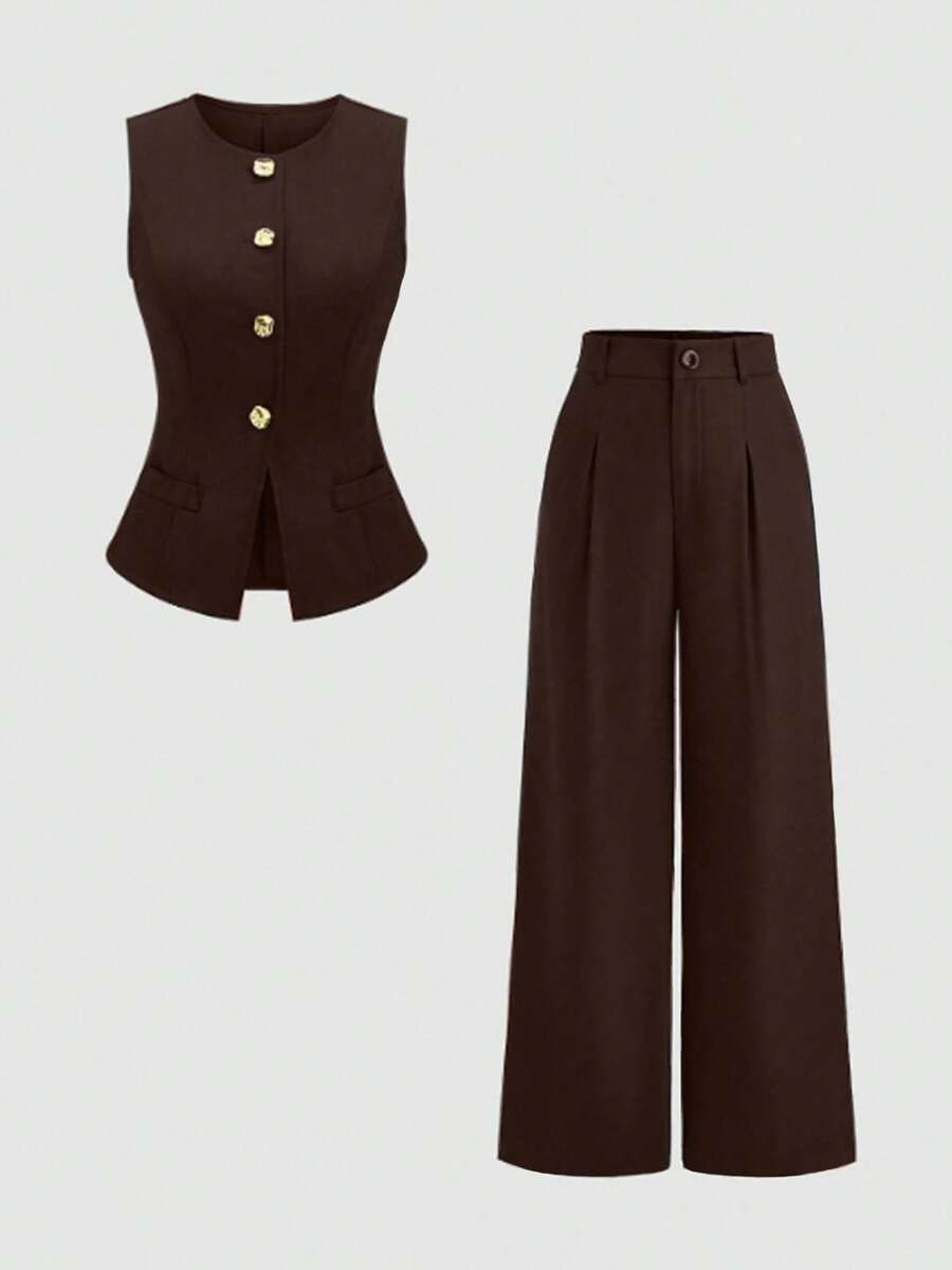 Rhea Two Piece Set Button Vest and Pleated Wide Leg Pants - Chocolate Brown