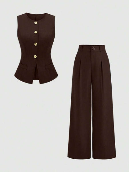 Rhea Two Piece Set Button Vest and Pleated Wide Leg Pants - Chocolate Brown