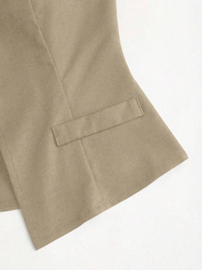 Rhea Two Piece Set Button Vest and Pleated Wide Leg Pants - Sand