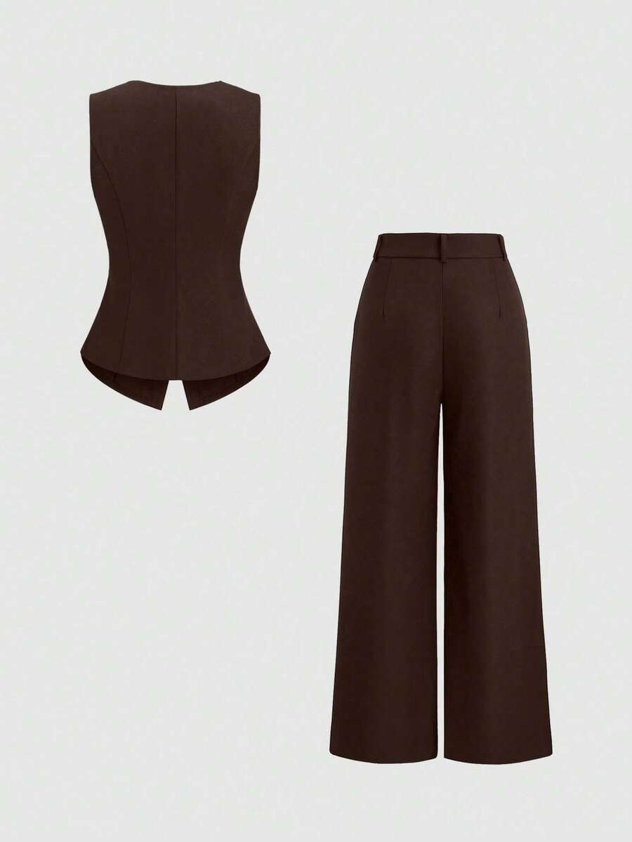 Rhea Two Piece Set Button Vest and Pleated Wide Leg Pants - Chocolate Brown