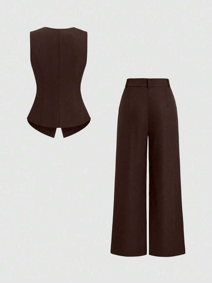 Rhea Two Piece Set Button Vest and Pleated Wide Leg Pants - Chocolate Brown
