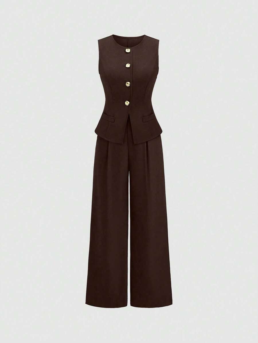 Rhea Two Piece Set Button Vest and Pleated Wide Leg Pants - Chocolate Brown