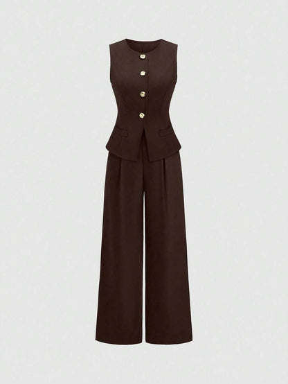 Rhea Two Piece Set Button Vest and Pleated Wide Leg Pants - Chocolate Brown