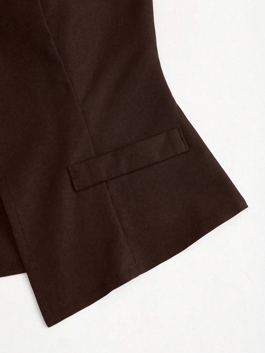Rhea Two Piece Set Button Vest and Pleated Wide Leg Pants - Chocolate Brown