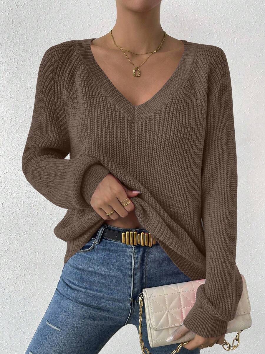 Aarhus V Neck Raglan Sleeve Ribbed Knit Sweater - Coffee Brown