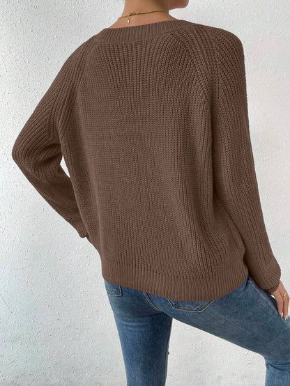Aarhus V Neck Raglan Sleeve Ribbed Knit Sweater