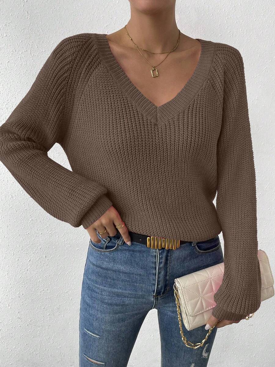 Aarhus V Neck Raglan Sleeve Ribbed Knit Sweater