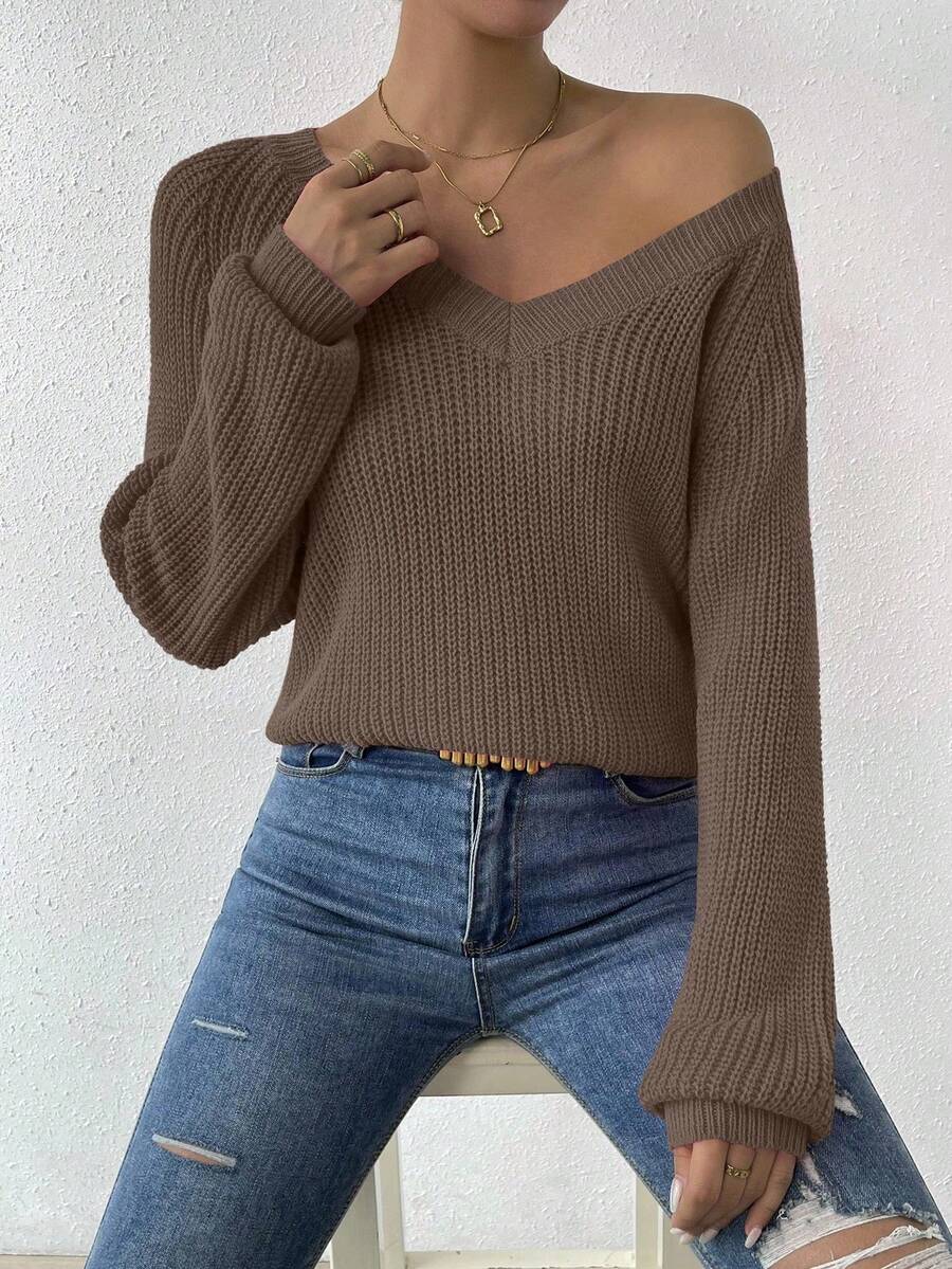 Aarhus V Neck Raglan Sleeve Ribbed Knit Sweater