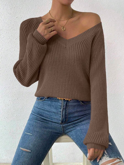 Aarhus V Neck Raglan Sleeve Ribbed Knit Sweater