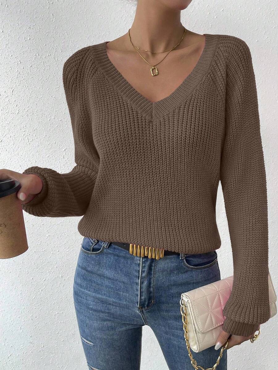 Aarhus V Neck Raglan Sleeve Ribbed Knit Sweater