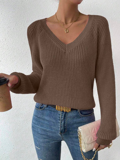 Aarhus V Neck Raglan Sleeve Ribbed Knit Sweater