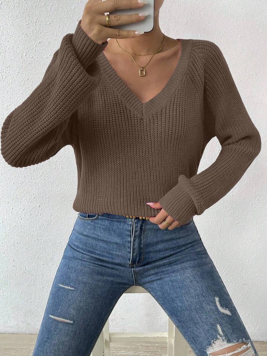 Aarhus V Neck Raglan Sleeve Ribbed Knit Sweater