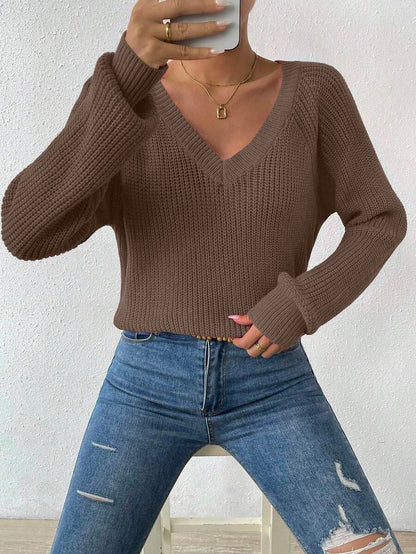 Aarhus V Neck Raglan Sleeve Ribbed Knit Sweater