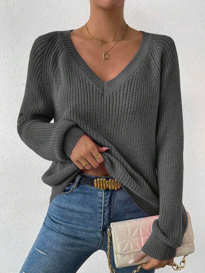Aarhus V Neck Raglan Sleeve Ribbed Knit Sweater - Grey