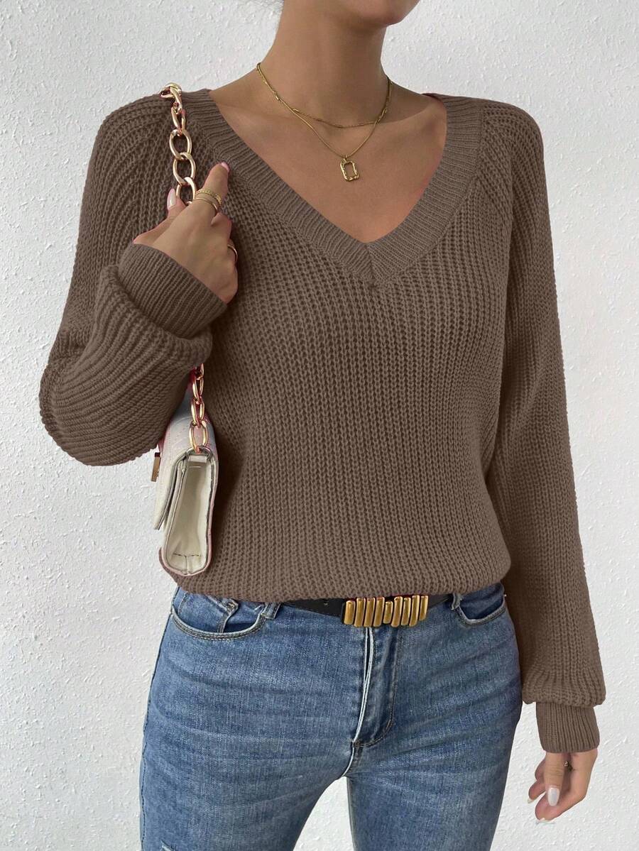 Aarhus V Neck Raglan Sleeve Ribbed Knit Sweater