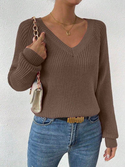 Aarhus V Neck Raglan Sleeve Ribbed Knit Sweater