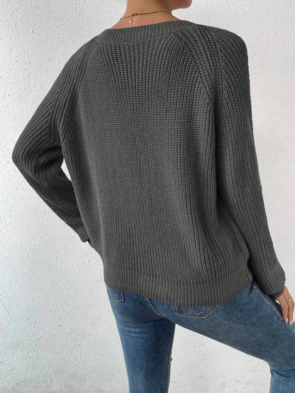 Aarhus V Neck Raglan Sleeve Ribbed Knit Sweater
