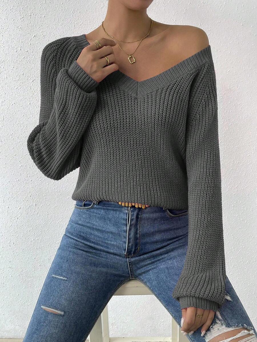 Aarhus V Neck Raglan Sleeve Ribbed Knit Sweater
