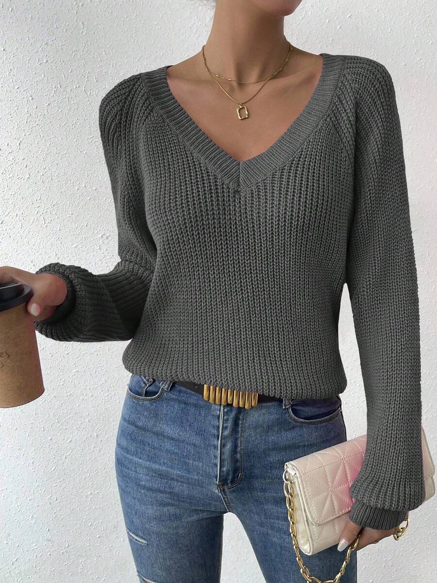 Aarhus V Neck Raglan Sleeve Ribbed Knit Sweater