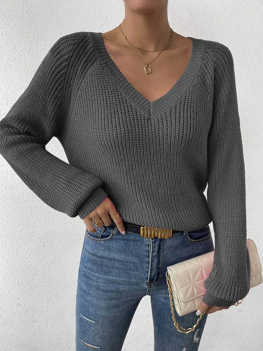 Aarhus V Neck Raglan Sleeve Ribbed Knit Sweater