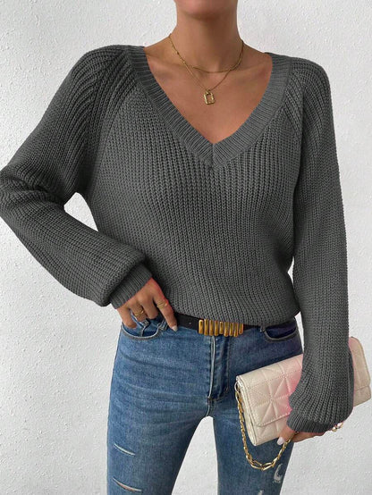 Aarhus V Neck Raglan Sleeve Ribbed Knit Sweater
