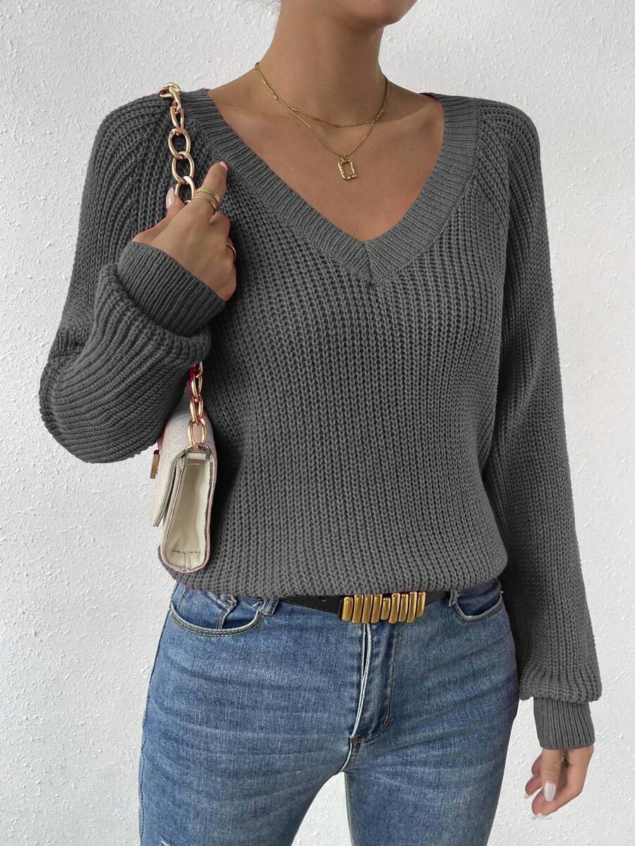 Aarhus V Neck Raglan Sleeve Ribbed Knit Sweater