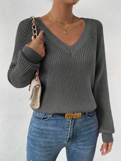 Aarhus V Neck Raglan Sleeve Ribbed Knit Sweater