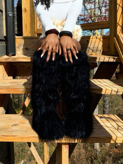 Women's Winter Furry Snow Boots Fuzzy Fluffy Round Toe Suede Booties Flat Heel Slip On Outdoor Indoor Shoes Fashion Warm Fluffy Shoes Mensa