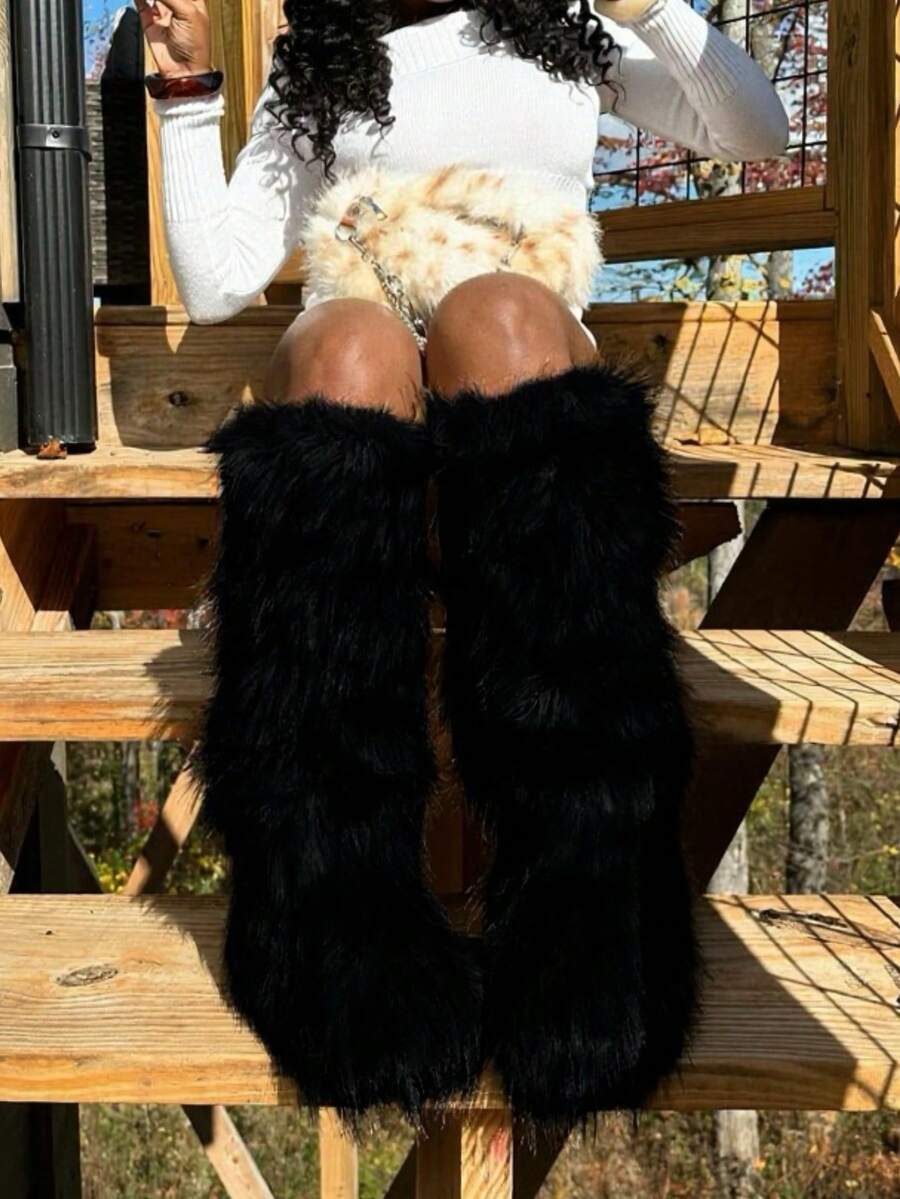 Women's Winter Furry Snow Boots Fuzzy Fluffy Round Toe Suede Booties Flat Heel Slip On Outdoor Indoor Shoes Fashion Warm Fluffy Shoes Mensa