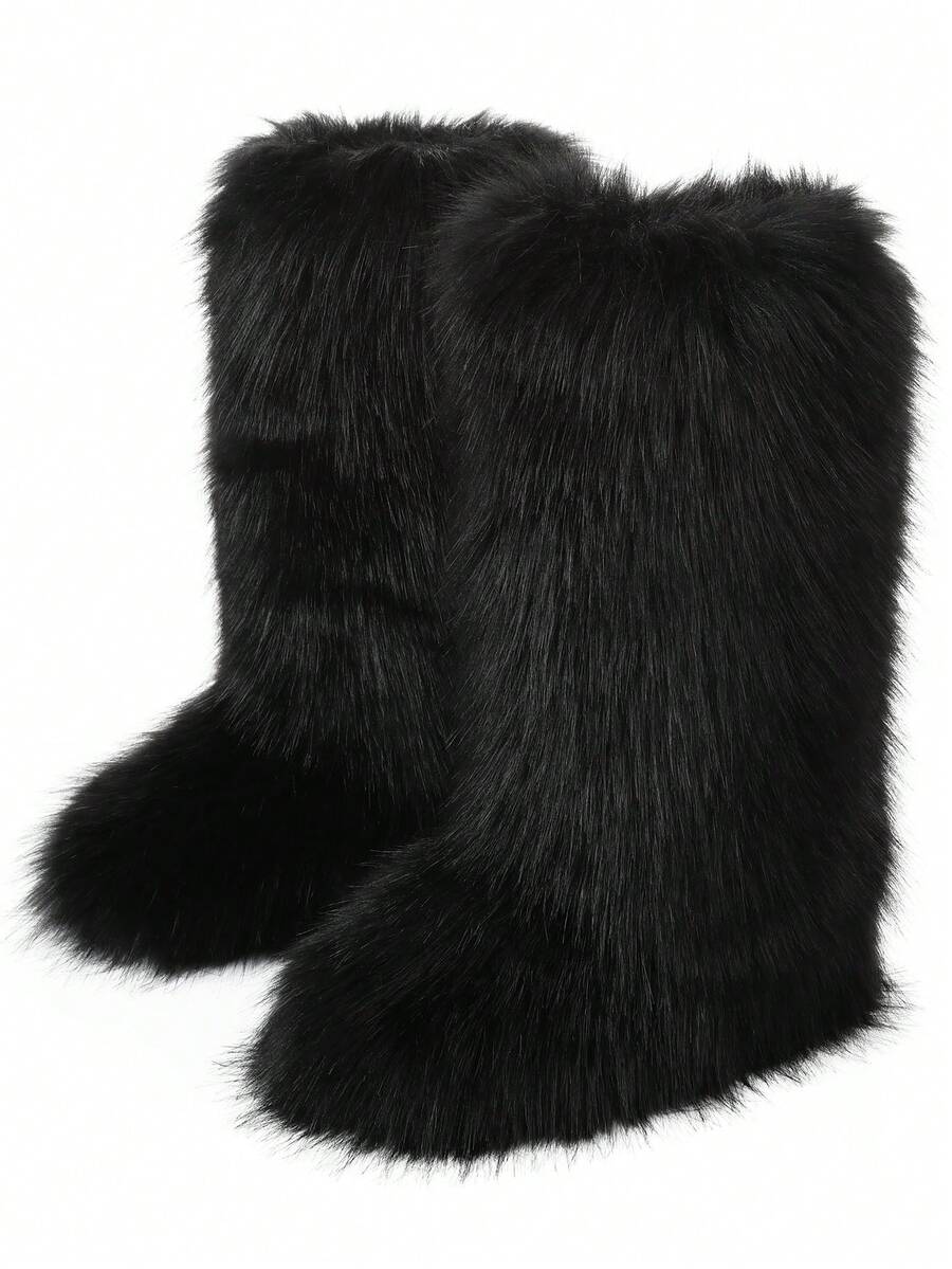 Women's Winter Furry Snow Boots Fuzzy Fluffy Round Toe Suede Booties Flat Heel Slip On Outdoor Indoor Shoes Fashion Warm Fluffy Shoes Mensa