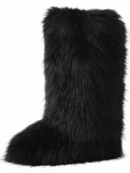 Women's Winter Furry Snow Boots Fuzzy Fluffy Round Toe Suede Booties Flat Heel Slip On Outdoor Indoor Shoes Fashion Warm Fluffy Shoes Mensa
