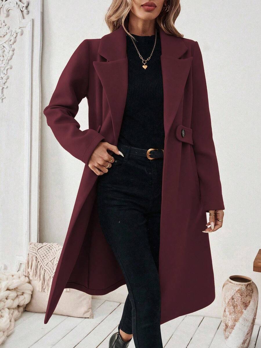 Leocadia Notched Lapel Double-Breasted Tailored Overcoat - Burgundy