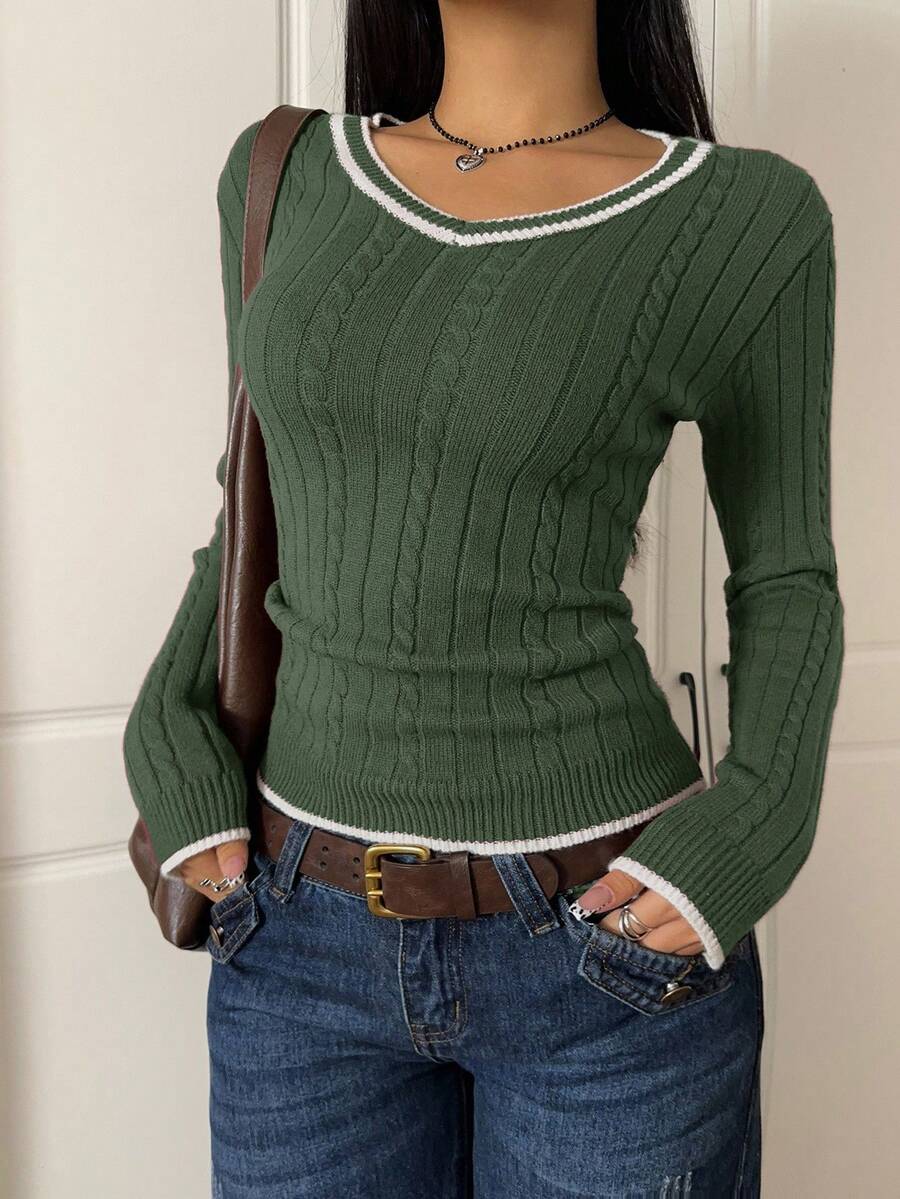 Saskia Slim V Neck Twist Cable Knit Sweater with Contrast Trim - Forest Green