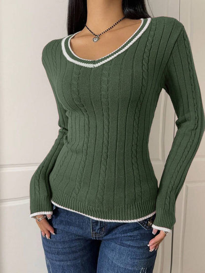 Saskia Slim V Neck Twist Cable Knit Sweater with Contrast Trim - Forest Green