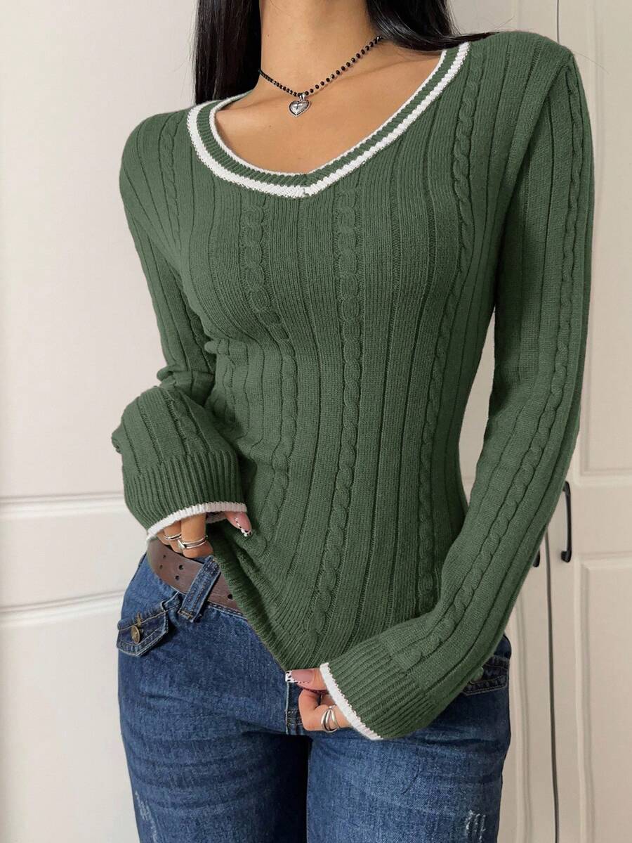 Saskia Slim V Neck Twist Cable Knit Sweater with Contrast Trim - Forest Green