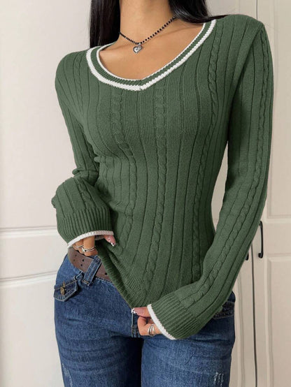 Saskia Slim V Neck Twist Cable Knit Sweater with Contrast Trim - Forest Green