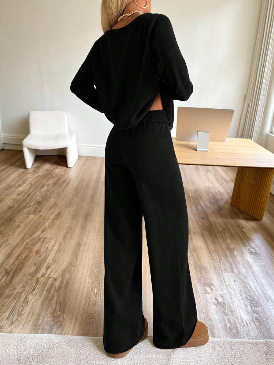 Valentina Off-Shoulder Knit Sweater and Wide Leg Pants Set - Black