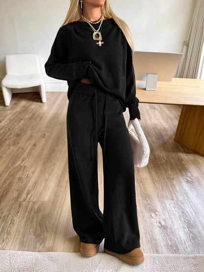 Valentina Off-Shoulder Knit Sweater and Wide Leg Pants Set - Black