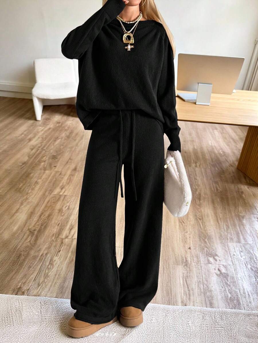 Valentina Off-Shoulder Knit Sweater and Wide Leg Pants Set - Black