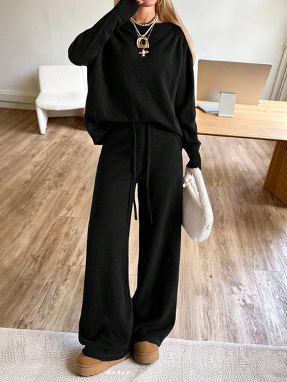 Valentina Off-Shoulder Knit Sweater and Wide Leg Pants Set - Black