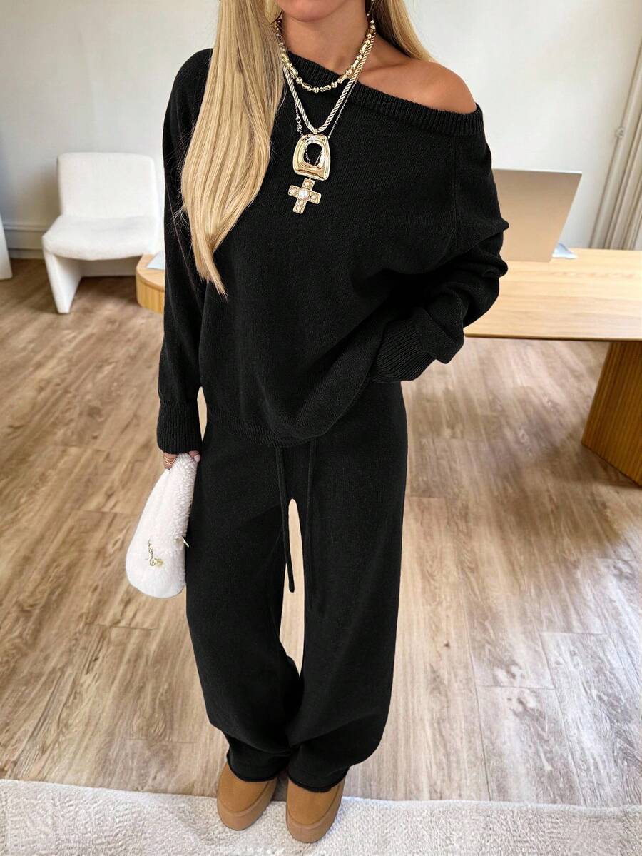 Valentina Off-Shoulder Knit Sweater and Wide Leg Pants Set - Black