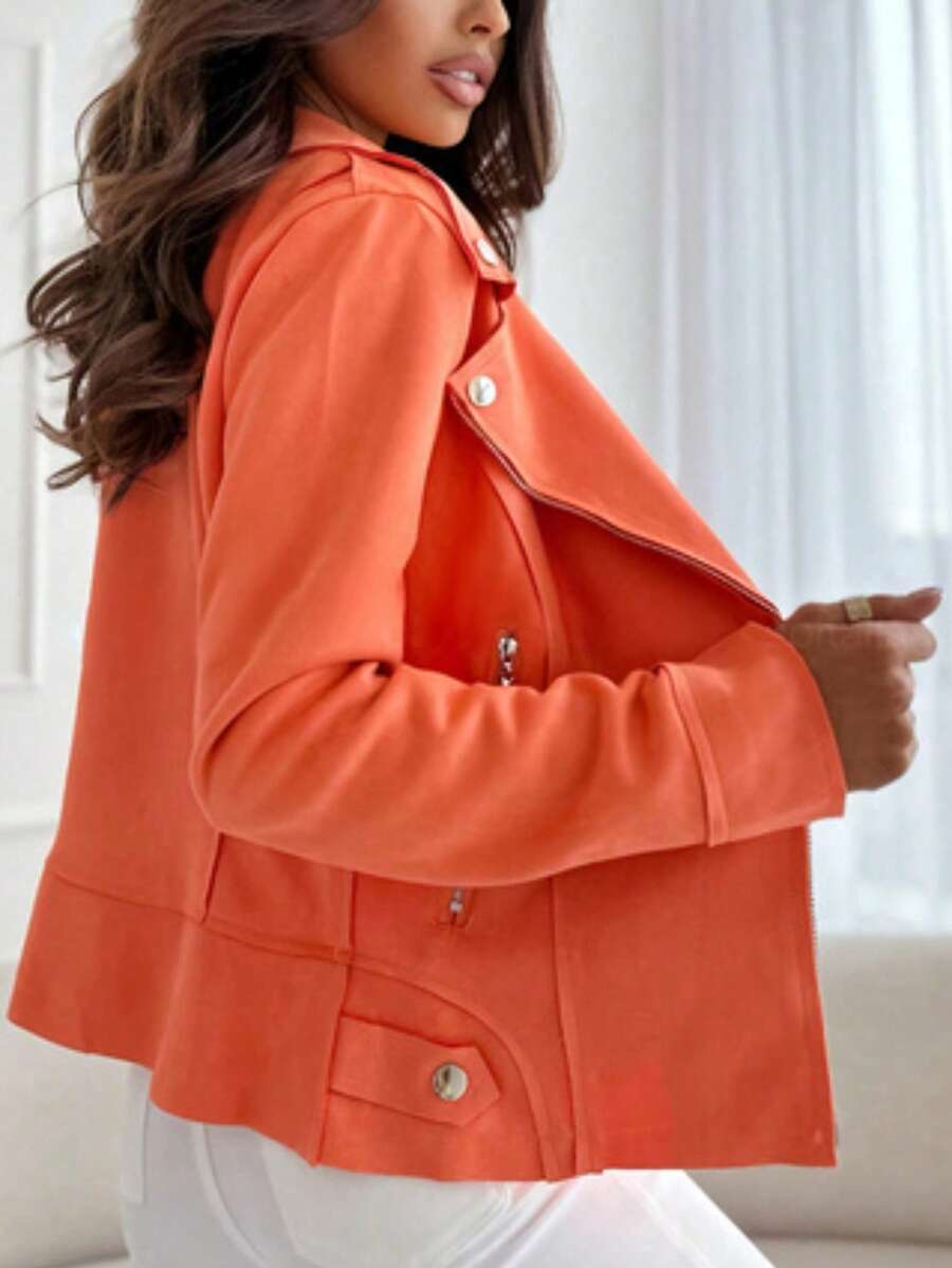 Mireille Fleece Lined Faux Suede Zip Jacket with Stand Collar - Orange