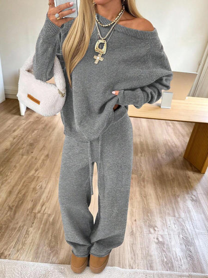 Valentina Off-Shoulder Knit Sweater and Wide Leg Pants Set - Grey